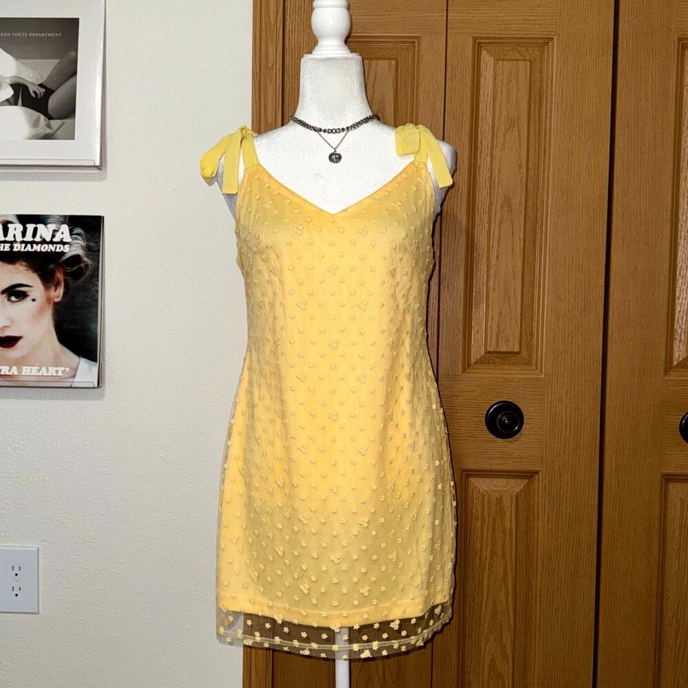 Blue Rain Mini Dress Womens Large Yellow Floral Lace Tie Strap Sleeveless Party